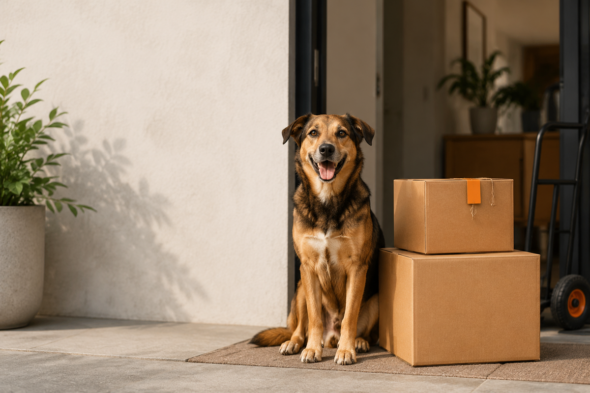 Perro junto a cajas de despacho en una entrada residencial
